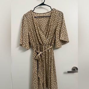 Long sleeve tan, midi, wrap dress size L. Never worn